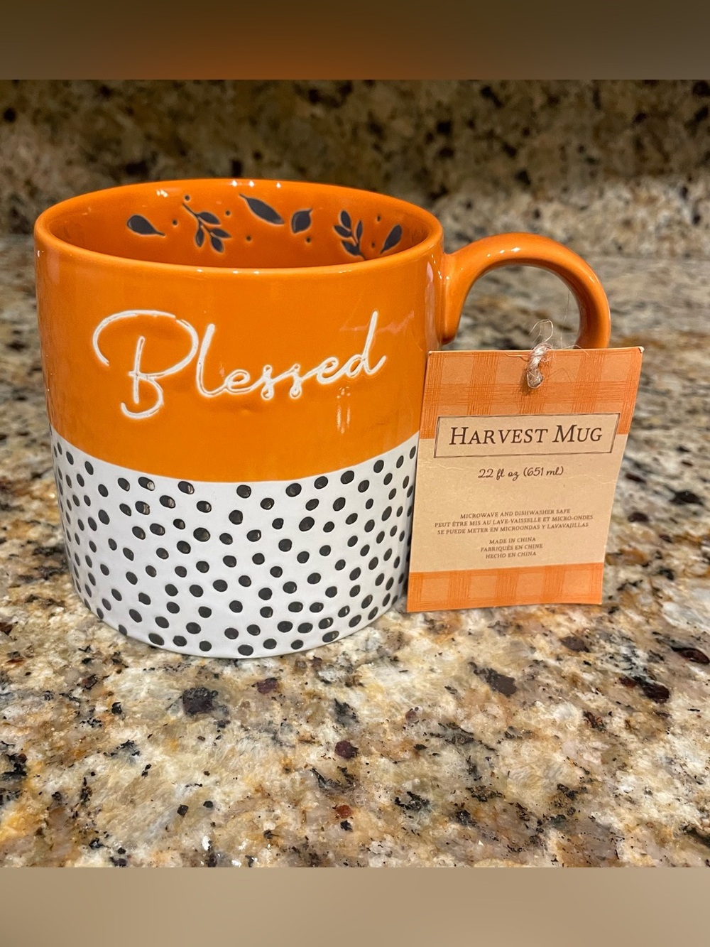 Harvest Mug with “Blessed” text.